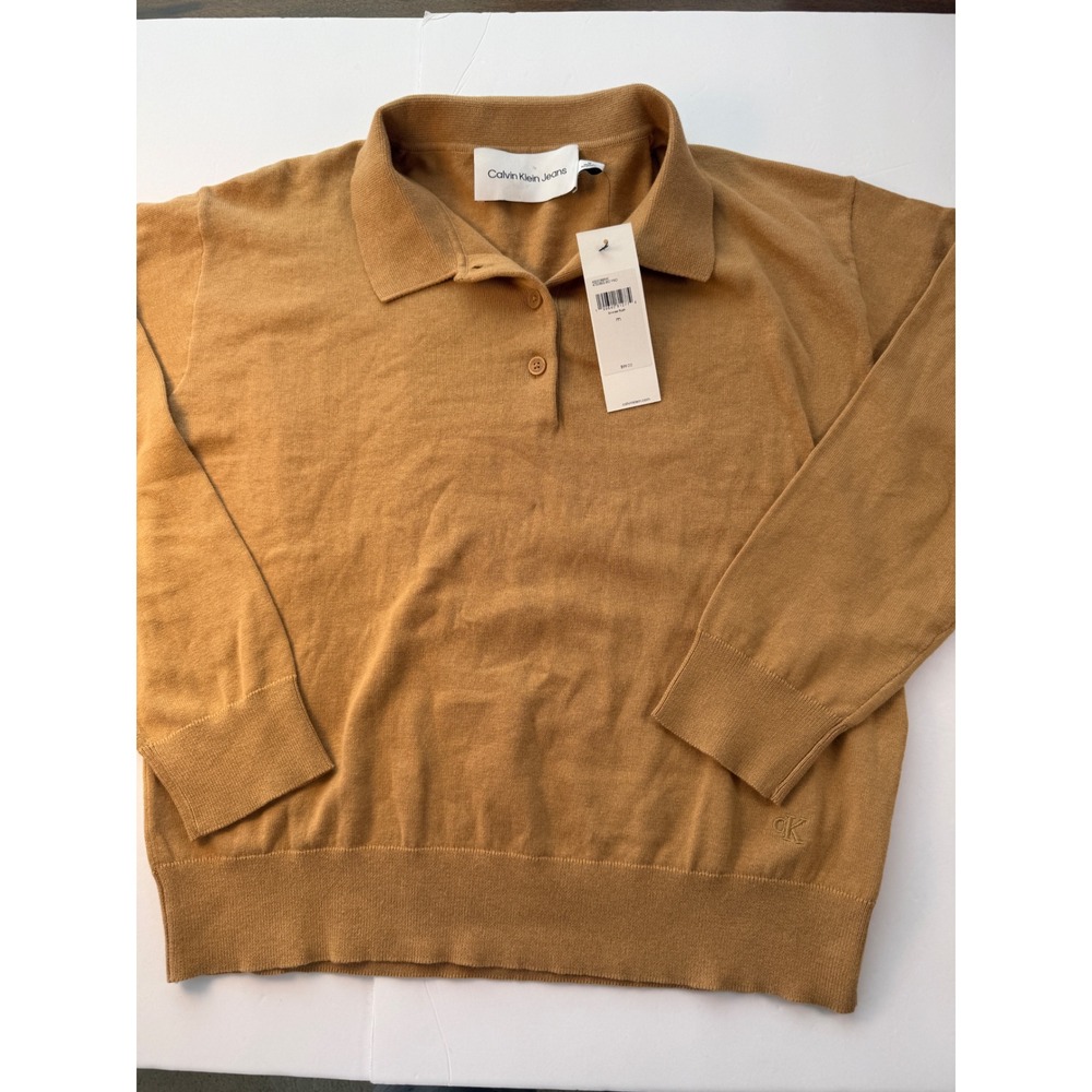 Calvin Klein Jeans Women M Bronze Flash Cotton Polo Sweater Long Sleeve NWT